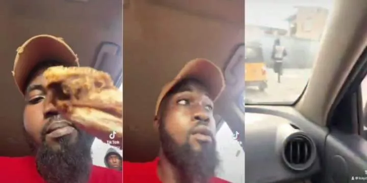 Man shocked as passerby snatches chicken lap from his mouth in Lagos traffic