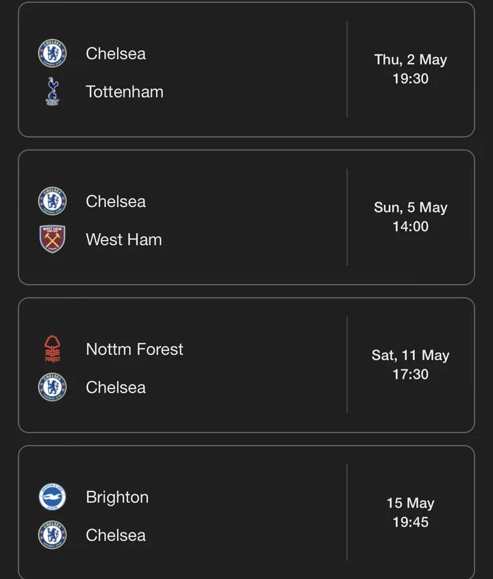 Chelsea's Next Four Matches In All Competitions Including A Tough Game Against Tottenham.