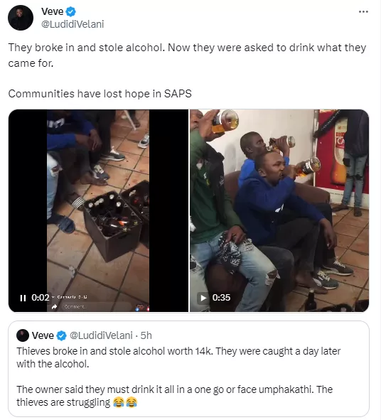 Thieves forced to drink bottles of alcohol they stole from a shop in South Africa (video)