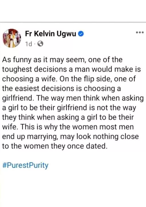 'Why choosing a wife is one of the toughest decision for a man' - Fr. Kelvin Ugwu