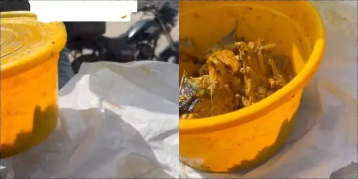 Drama as dispatch rider eats half bowl of banga and catfish soup (Video)