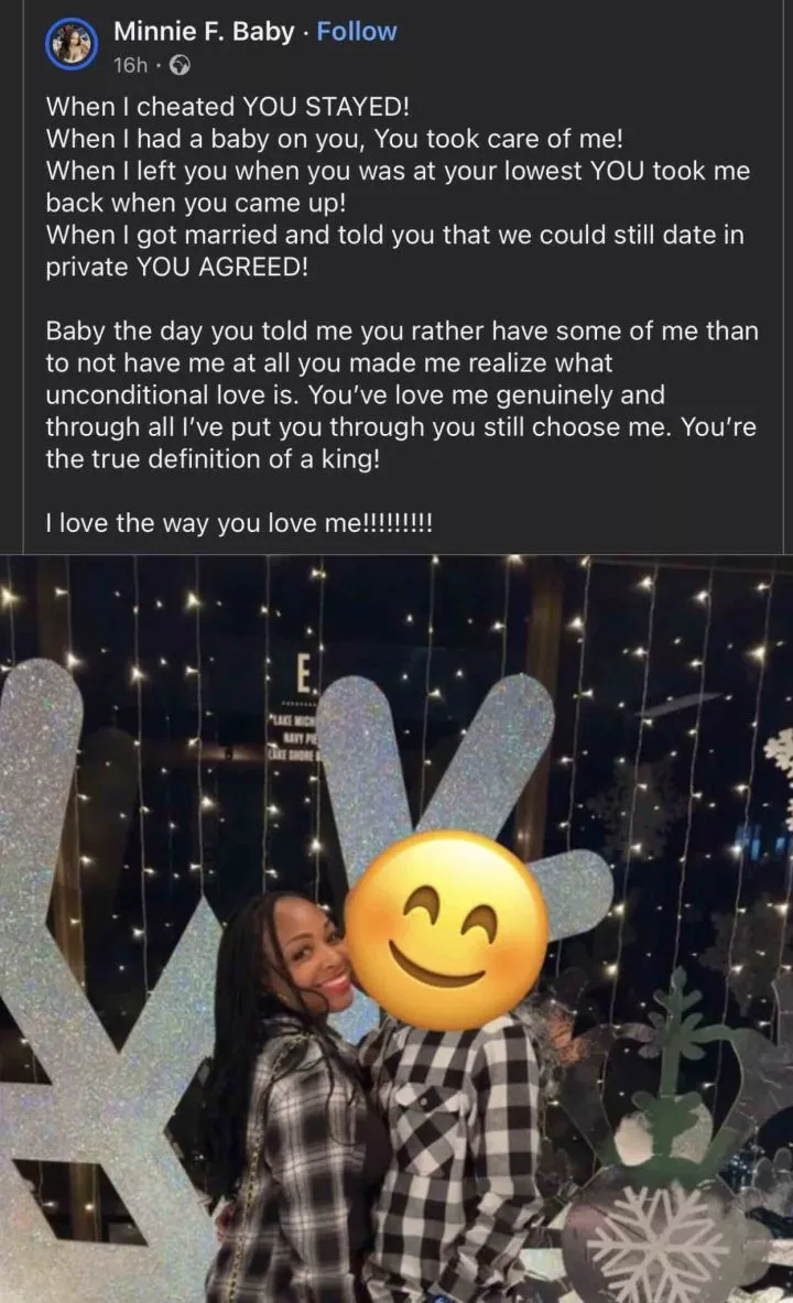 Lady appreciates boyfriend for staying when she cheated, had a baby, others