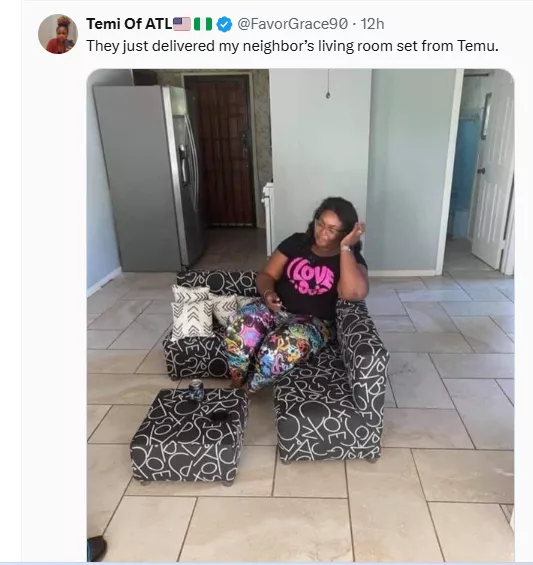 Lady shows off living room set her neighbor received after ordering it online