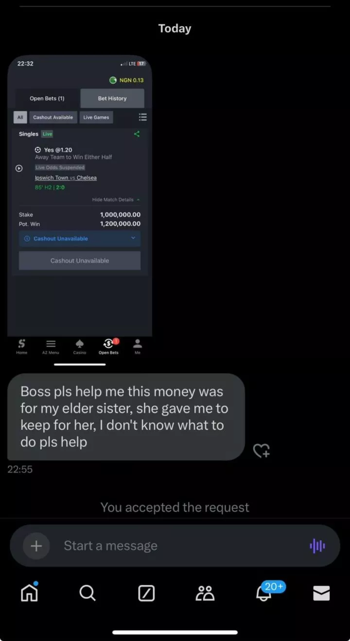 Man seeks help after losing his sister's N1M to betting