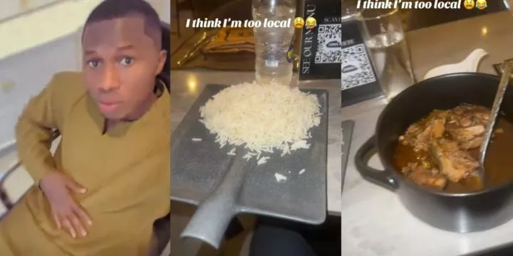 Man surprised after being served rice on a shovel at a restaurant