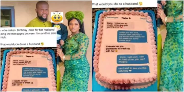 Drama as wife uses husband's secret chats with side chic to make birthday cake for him