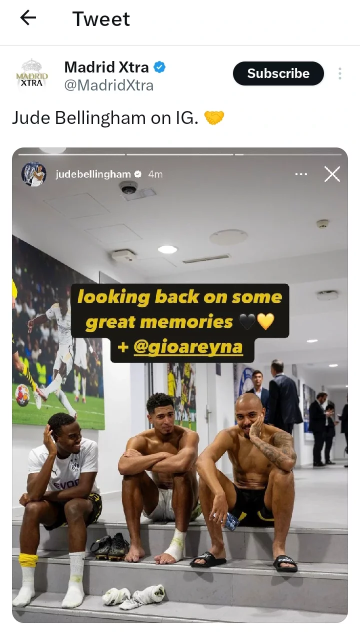 Reactions as Jude Bellingham shares photo of him and Gio Reyna spending time together, last night.