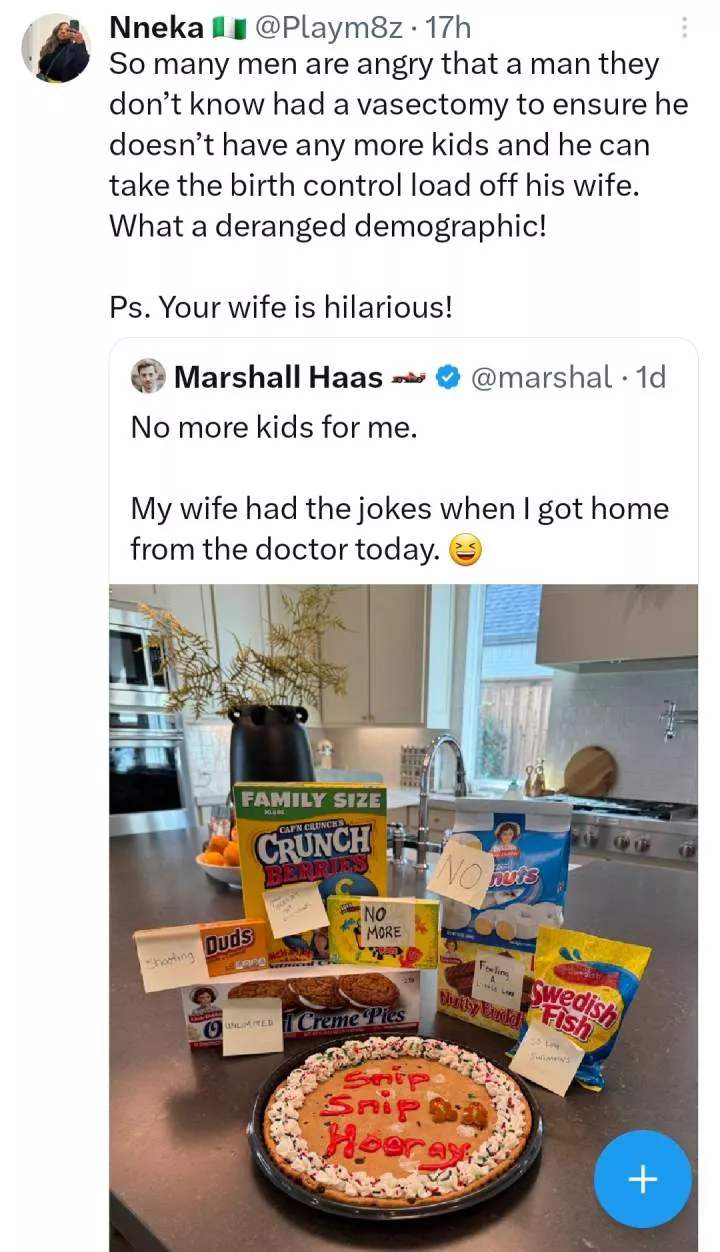 Husband shows how his wife welcomed him after he got a vasectomy