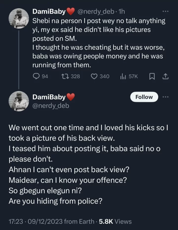 'I found out he was owing debts' - Lady shares reason her ex-boyfriend refused to let her post his pictures online