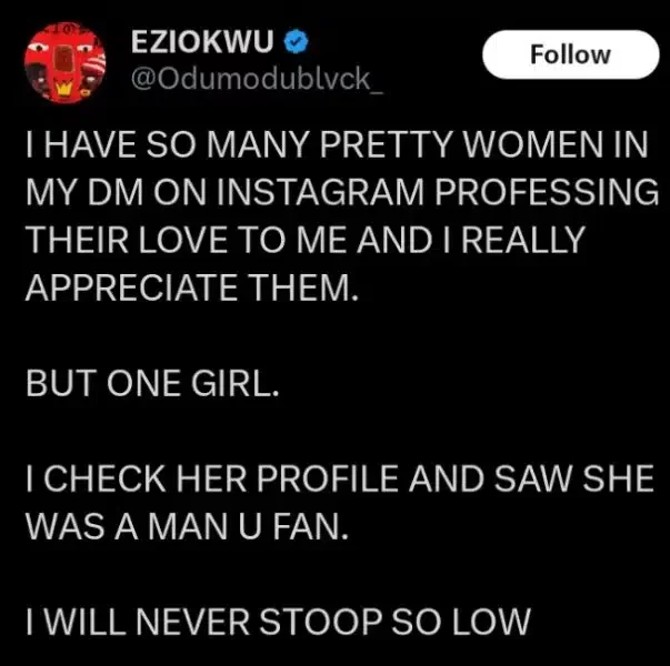 'I will never stoop so low to date a Manchester United fan' - Odumodublvck