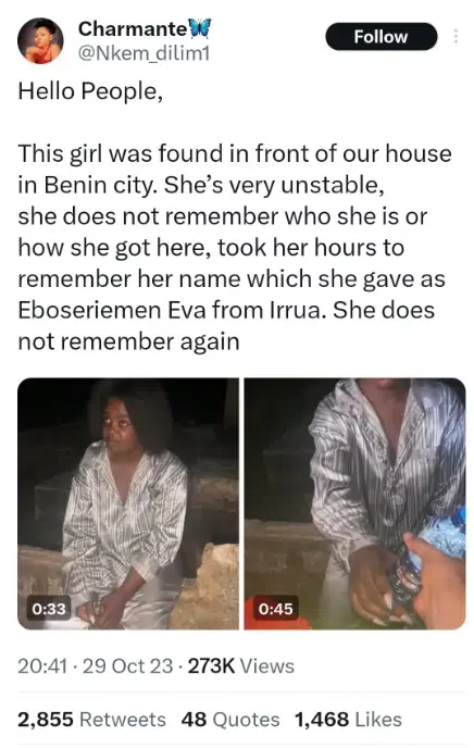 Lady found roaming in Benin with no memory of her identity or origin