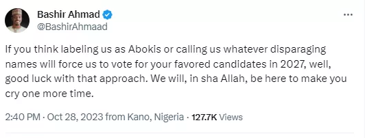 Former Presidential aide, Bashir Ahmad, addresses Nigerians who refer to Northerners as 'Abokis'
