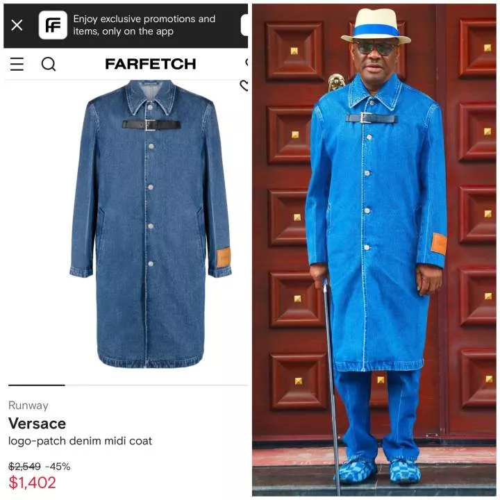 FCT Minister, Nyesom Wike, turns heads in a $1, 402 Versace Denim outfit