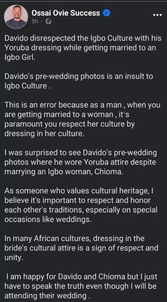 Ossai Success slams Davido for wearing Yoruba attire in pre-wedding photos