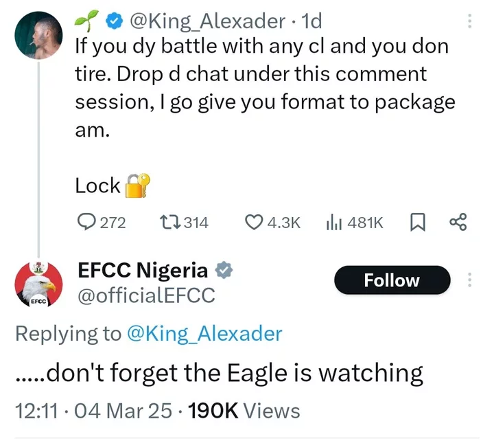 EFCC responds after suspected Yahoo boy shared incriminating tweet