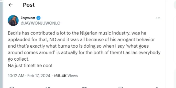 'Burna Boy is as arrogant as Eedris Abdulkareem' - Jaywon wades into ongoing rift