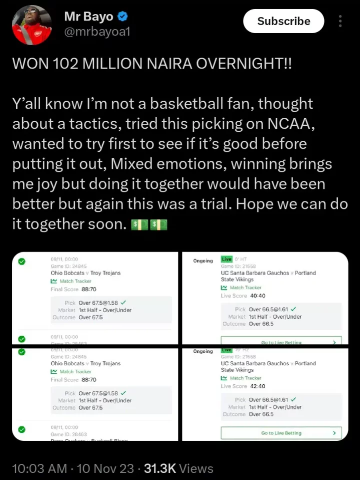 'Won ₦102 million' - Nigerian man wreaks SportyBet, wins ₦20, ₦42, ₦60, and ₦14 million bets overnight