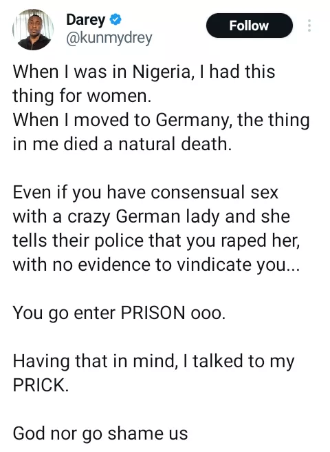 Even if you have consensual sex with a crazy German lady you go enter prison if she tells police you raped her - Germany-based Nigerian man says