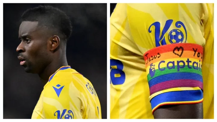 Defiant Crystal Palace captain, Marc Guehi ignores FA warning, writes "Jesus loves you" on new LGBT rainbow armband (Photos)