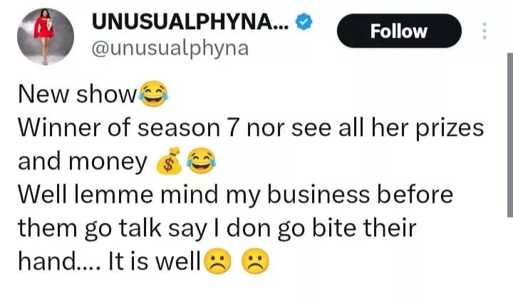 'Winner of season 7 no see all her prizes and money' - Phyna subtly calls out BBNaija