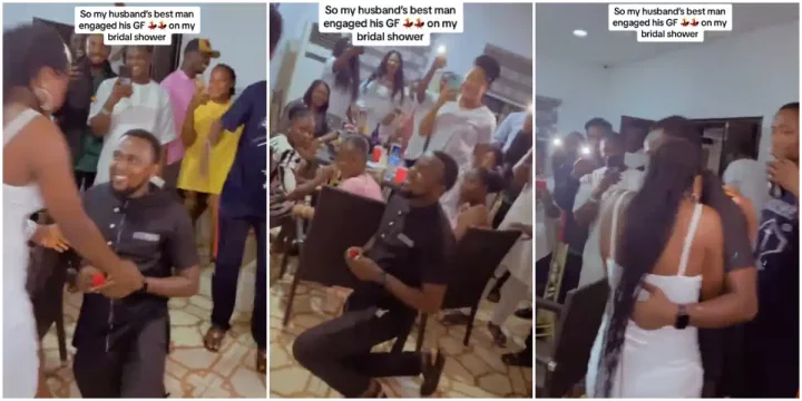 Romantic moment groom's best man proposes to girlfriend at bride's bridal shower Romantic moment groom's best man proposes to girlfriend at bride's bridal shower