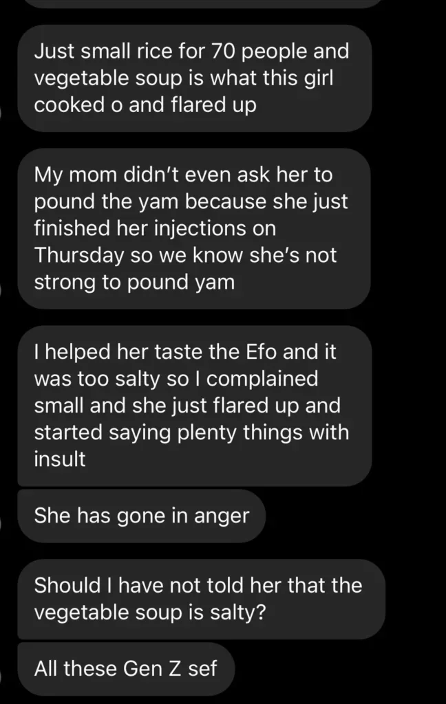 Man rants as his recovering fiancée complains after cooking food for 'just' 70 of his family members 