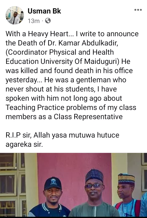 UNIMAID lecturer brutally murdered in his office by unknown assailants