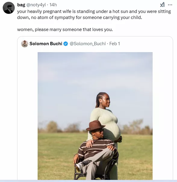 Trolls drag Solomon Buchi for allowing pregnant wife stand during photoshoot