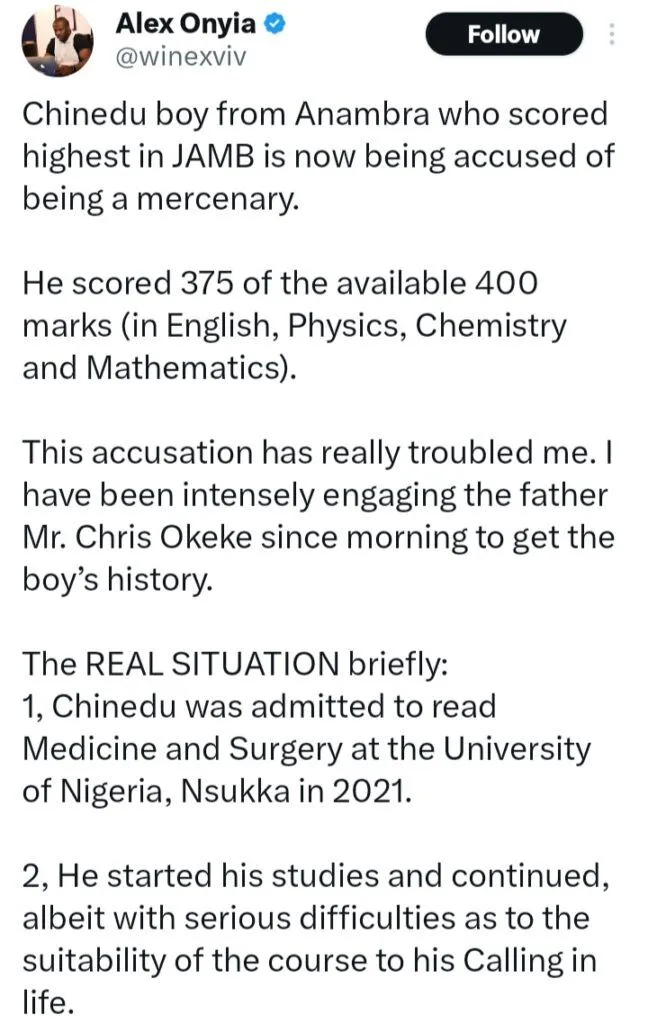 Educator cries out as Anambra boy who scored highest in JAMB is labeled a 'mercenary'