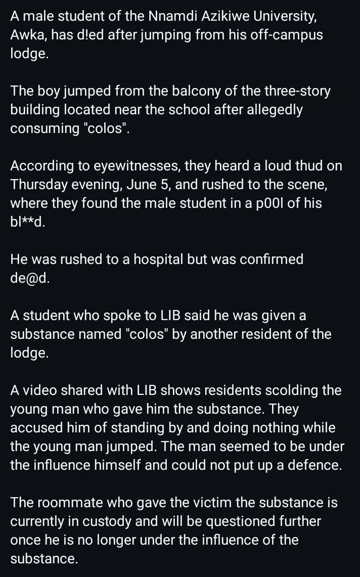 Tragedy as UNIZIK student passes away after jumping from three-storey building
