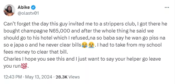 Lady recalls how she used her school fees to pay for Champagne after her date vanished