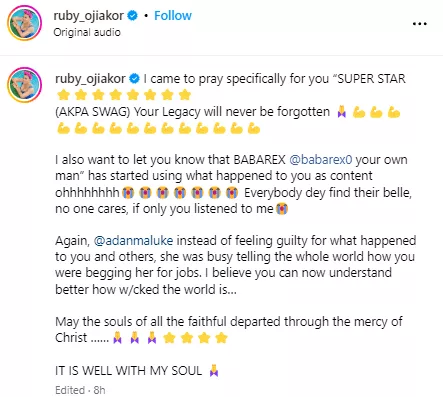 Ruby Orjiakor calls out Baba Rex for allegedly using Junior Pope's demise as content