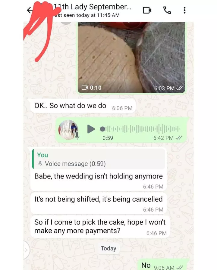 Nigerian Baker left in shock after her client asked for a refund as her wedding had been called off a day before the ceremony