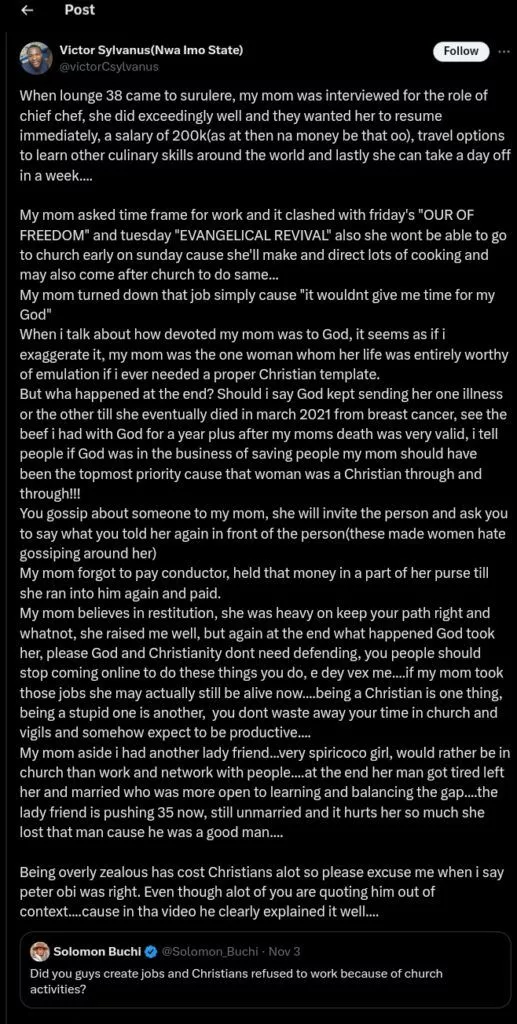 Man narrates how his mother rejected a ₦200k job because it clashed with church hours