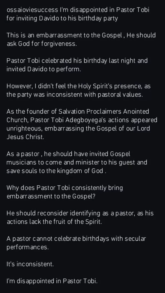 Ossai Ovie expresses disappointment in Pastor Tobi Adegboyega after Davido performed at his birthday party in London