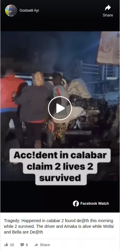 Two young ladies k!lled, 2 others injured in Calabar auto crash while returning from friend's birthday party