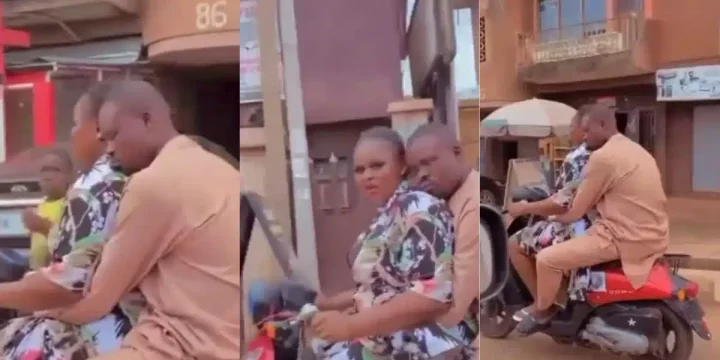 Man seen relaxing peacefully on his woman as she rides Okada