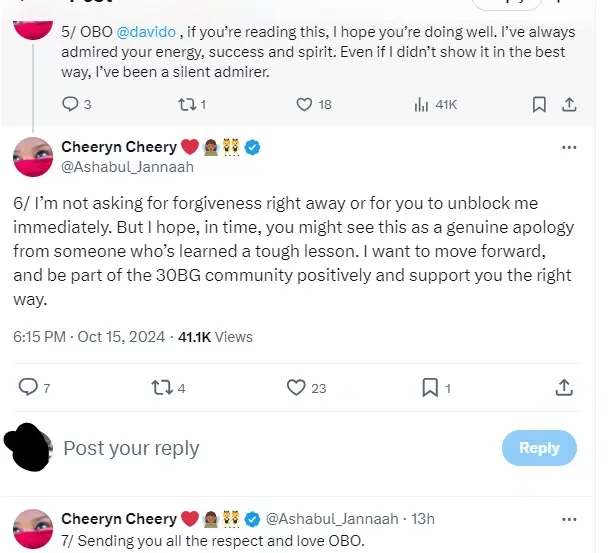 Lady pens lengthy, touching apology to Davido after getting blocked