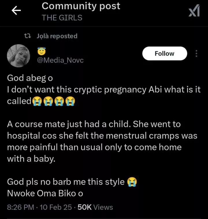 Lady in disbelief as course mate seeks treatment for menstrual cramps but delivers a baby