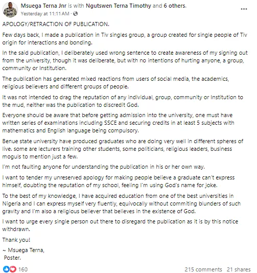 Fresh Benue State University graduate who went viral over controversial graduation celebration post tenders apology