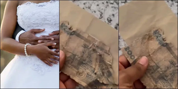 Newly wedded wife laments as she flaunts torn old N200 she saw in envelope as wedding gift