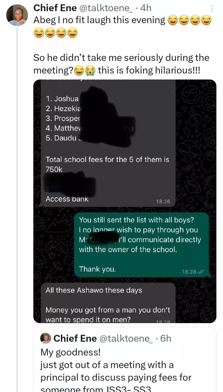 Purported chat between a lady who wanted to sponsor indigent students