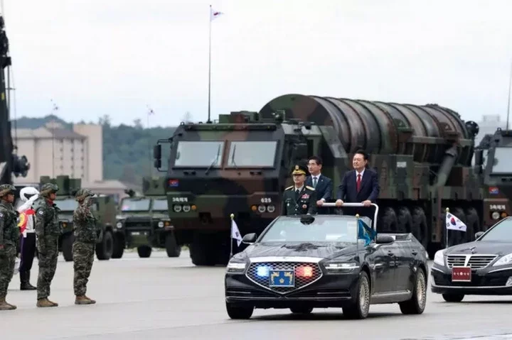 President Yoon Suk-yeol inspecting the military at the Armed Forces Day military review at Seoul Airport