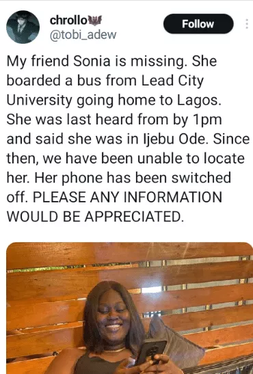 Lady declared missing after leaving Ibadan for Lagos