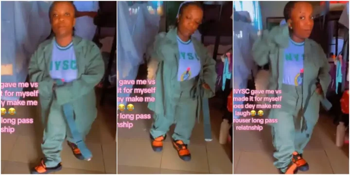 'Is the shoe for me?' - Female corper with unique stature causes buzz as she displays her oversized NYSC uniform