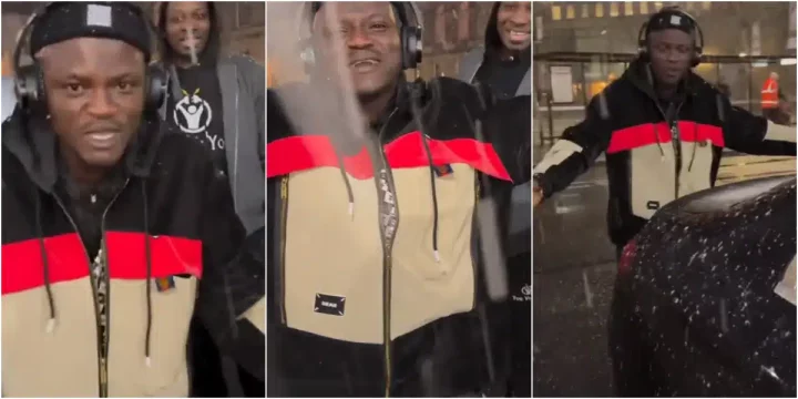 Portable over the moon as he experiences snow for first time