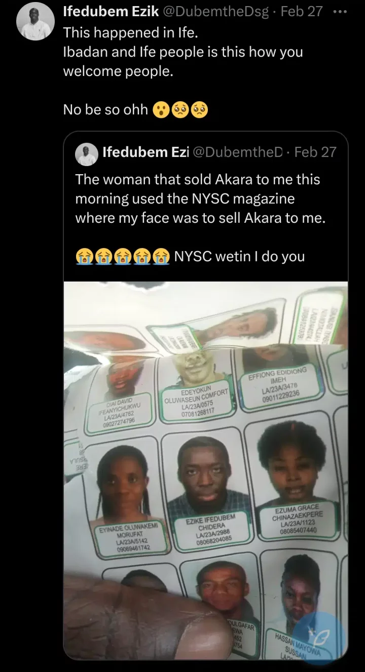 'NYSC wetin I do?' - Youth Corps member stunned as akara wrapper turns out to be NYSC magazine, with his photo