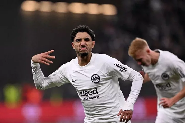 Frankfurt's Egyptian forward #07 Omar Marmoush celebrates scoring the 1-0 opening goal during the UEFA Europa League Group Matchday 4 football match between Eintracht Frankfurt and Slavia Prague in Frankfurt am Main, on November 7, 2024. (Photo by Kirill KUDRYAVTSEV / AFP) (Photo by KIRILL KUDRYAVTSEV/AFP via Getty Images)