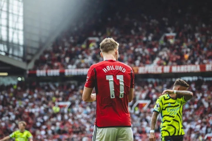 Rasmus Hojlund of Manchester United in action during the Premier League match between Manchester United and Arsenal FC at Old Trafford on May 12, 2...