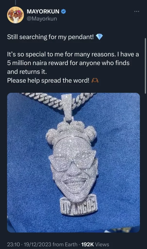 'I will give a 5 Million Naira reward to whoever returns my pendant